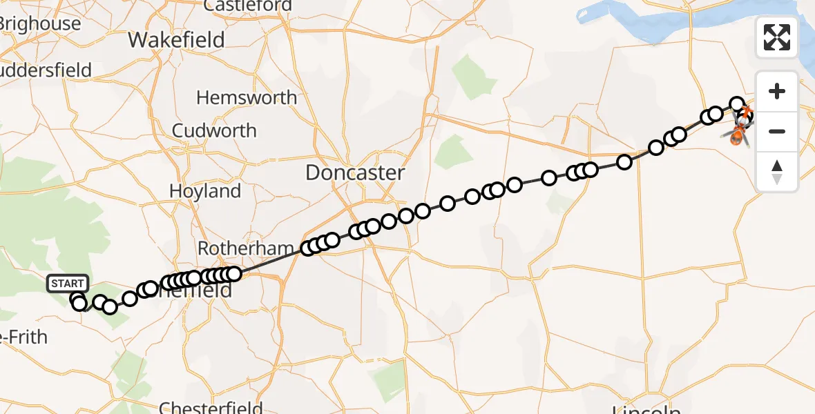 Flight path map showing Coastguard Helicopter route from High Peak to Humberside Airport