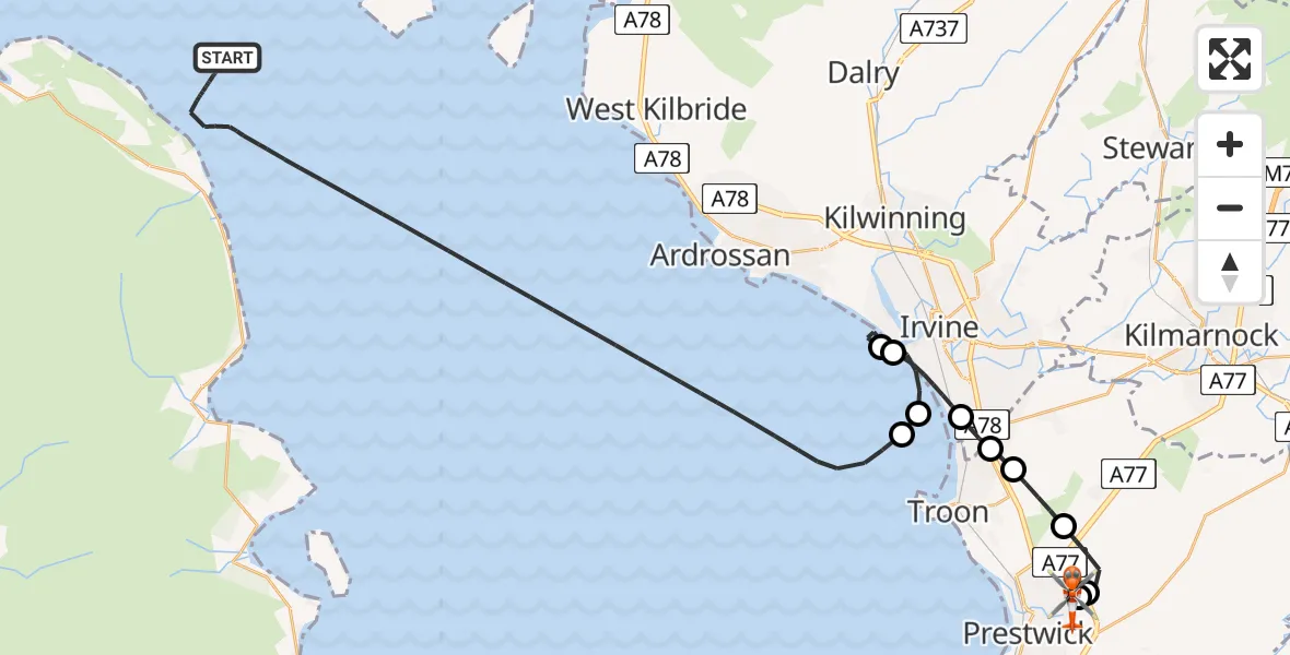 Flight path map showing Coastguard Helicopter route from Inner Seas to Glasgow Prestwick Airport
