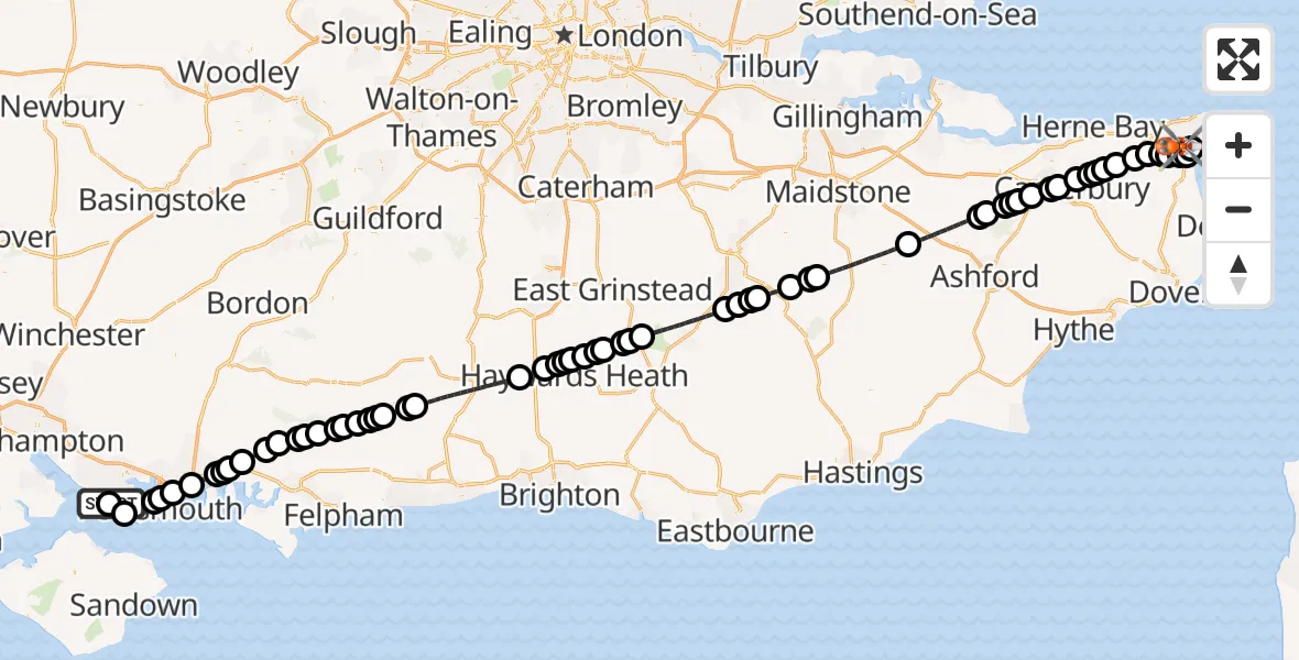 Flight path map showing Coastguard Helicopter route from Solent Airport to Manston Airport