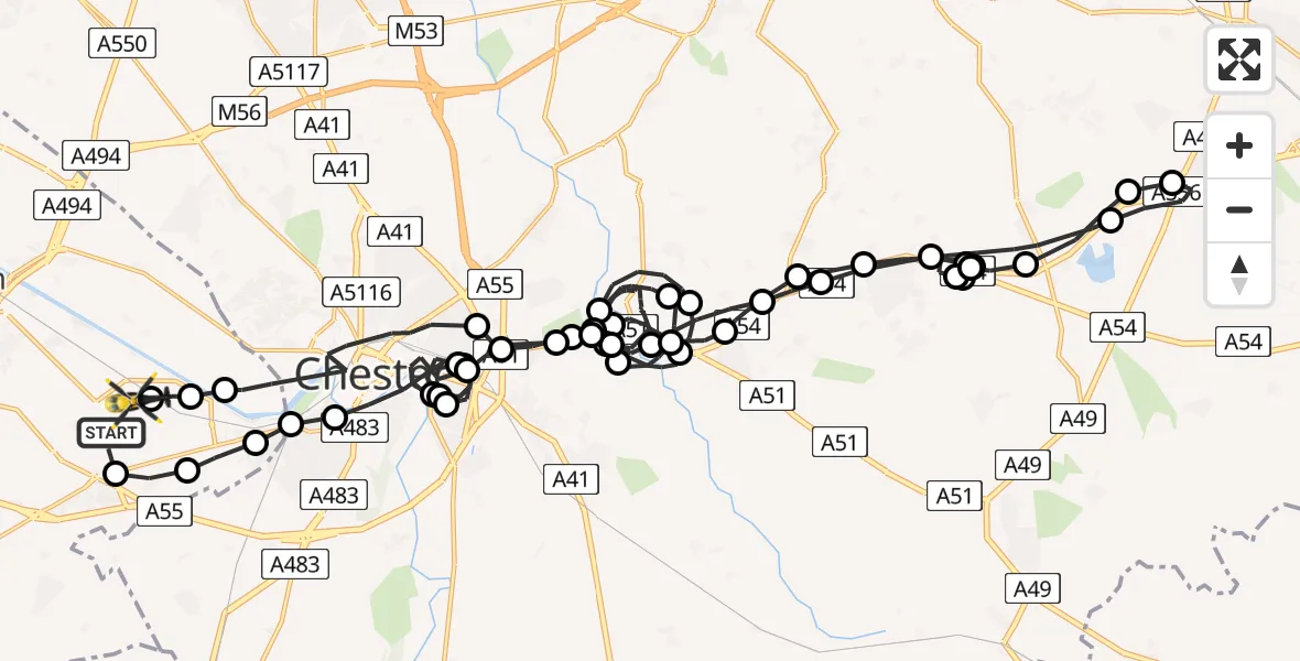 Flight path map showing Police Helicopter route from Hawarden Airport to Hawarden Airport