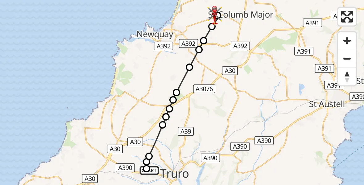 Flight path map showing Air Ambulance Helicopter route from Treliske Hospital to Cornwall Airport Newquay
