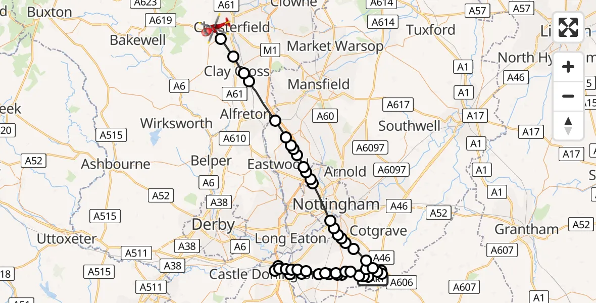 Flight path map showing Air Ambulance Helicopter route from Willoughby on the Wolds to Chesterfield