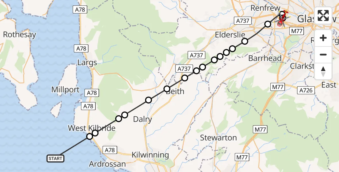 Flight path map showing Air Ambulance Helicopter route from Inner Seas to Queen Elizabeth Hospital