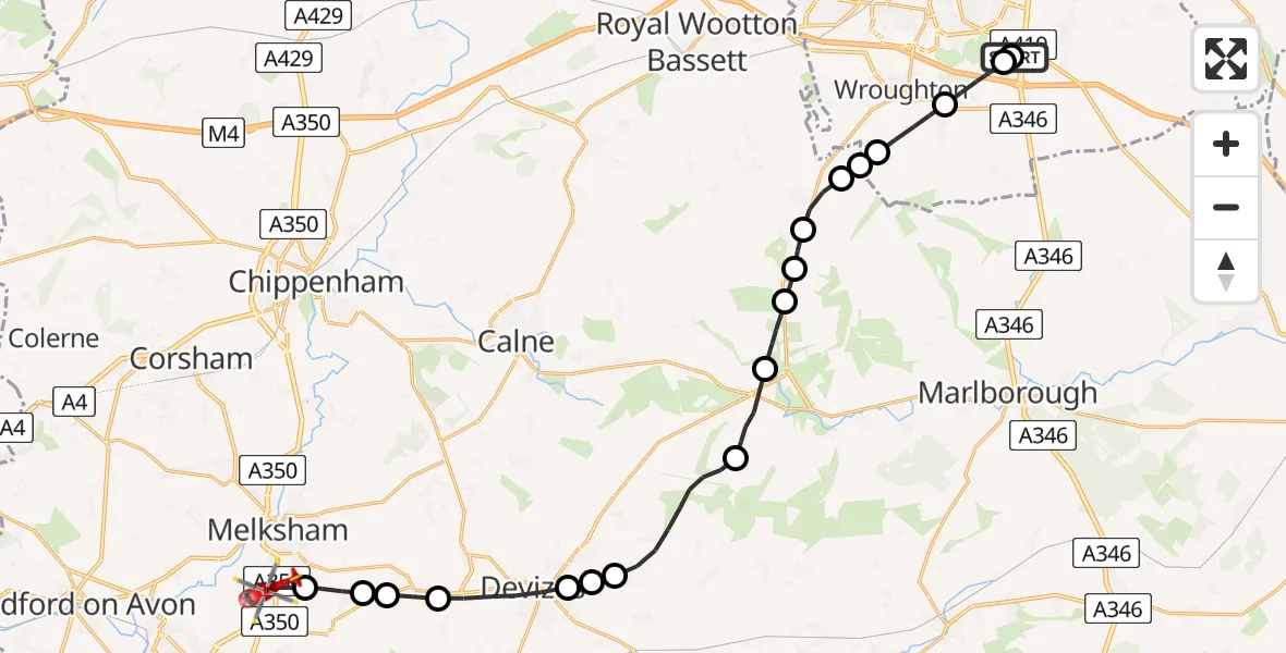 Flight path map showing Air Ambulance Helicopter route from Great Western Hospital to Wiltshire Air Ambulance