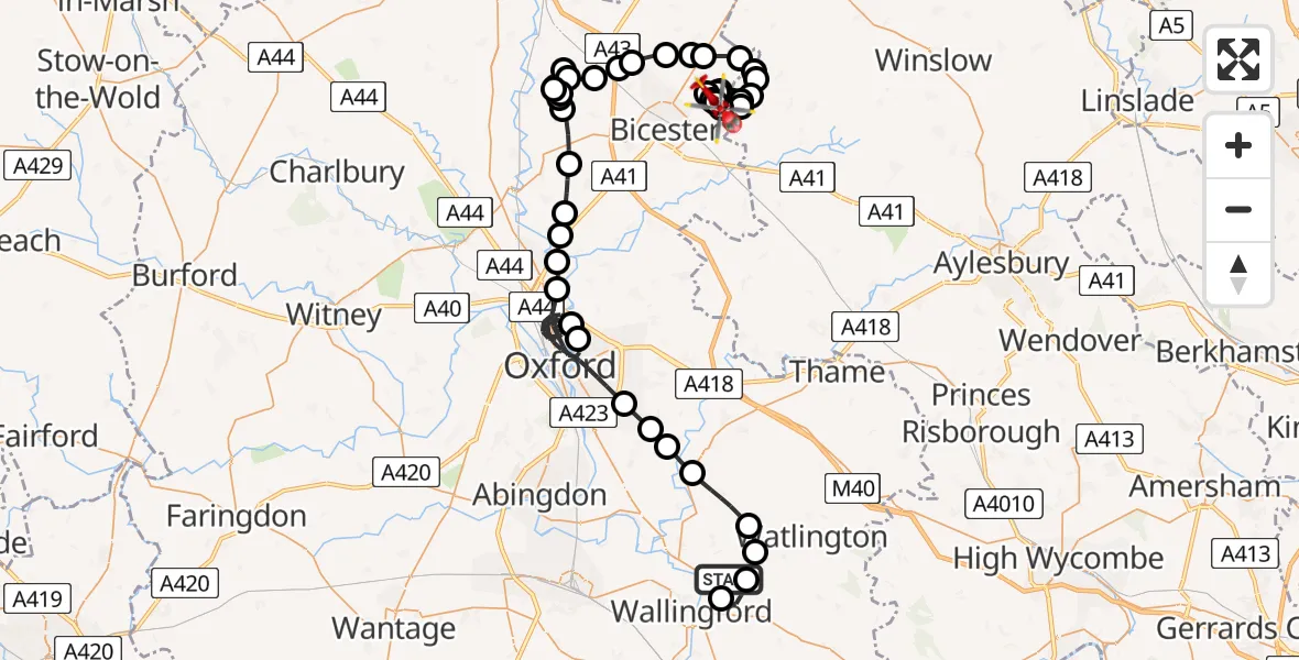 Flight path map showing Air Ambulance Helicopter route from RAF Benson to Field Farm Helistrip