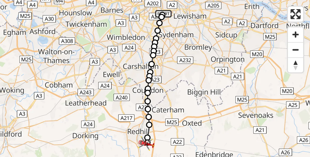 Flight path map showing Air Ambulance Helicopter route from Kings College London Hospital to Redhill Aerodrome