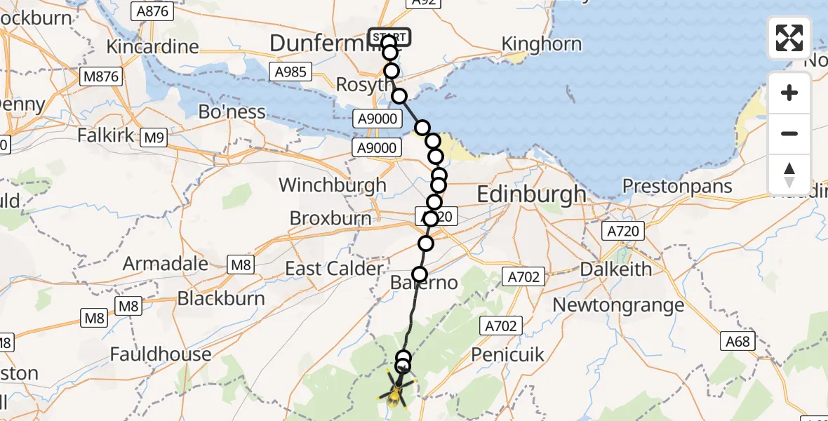 Flight path map showing Police Helicopter route from Cowdenbeath to Deer Hope