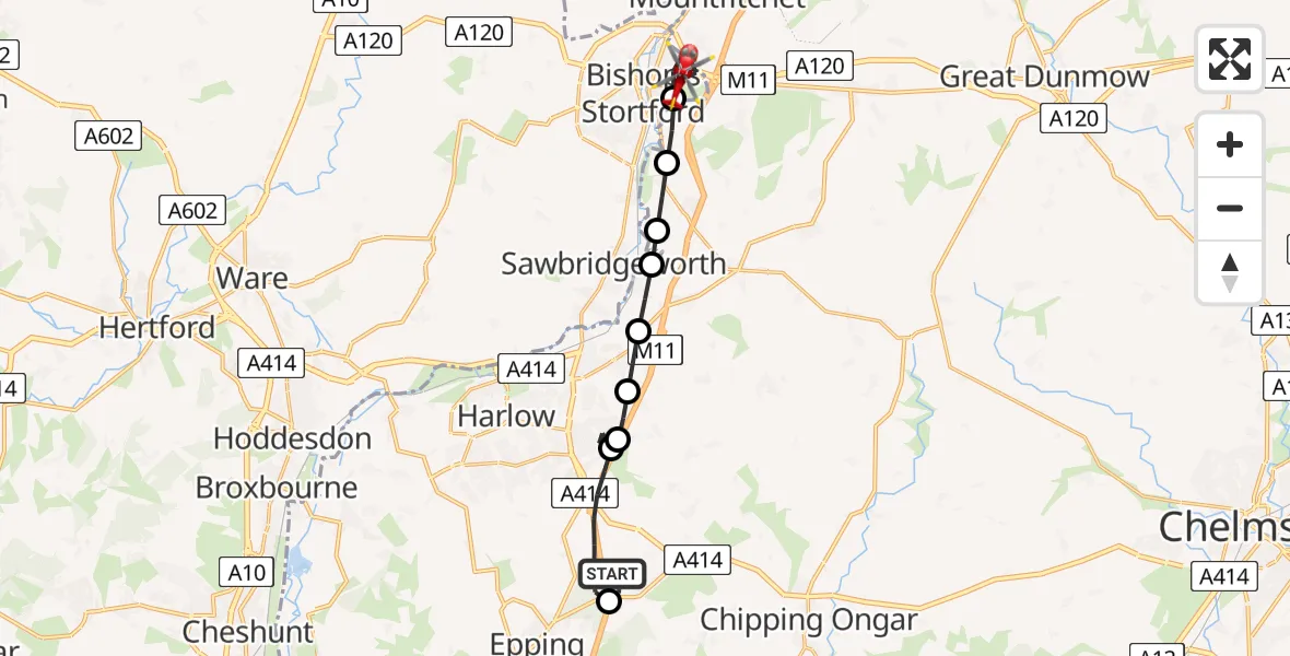 Flight path map showing Air Ambulance Helicopter route from North Weald Airfield to Bishop's Stortford