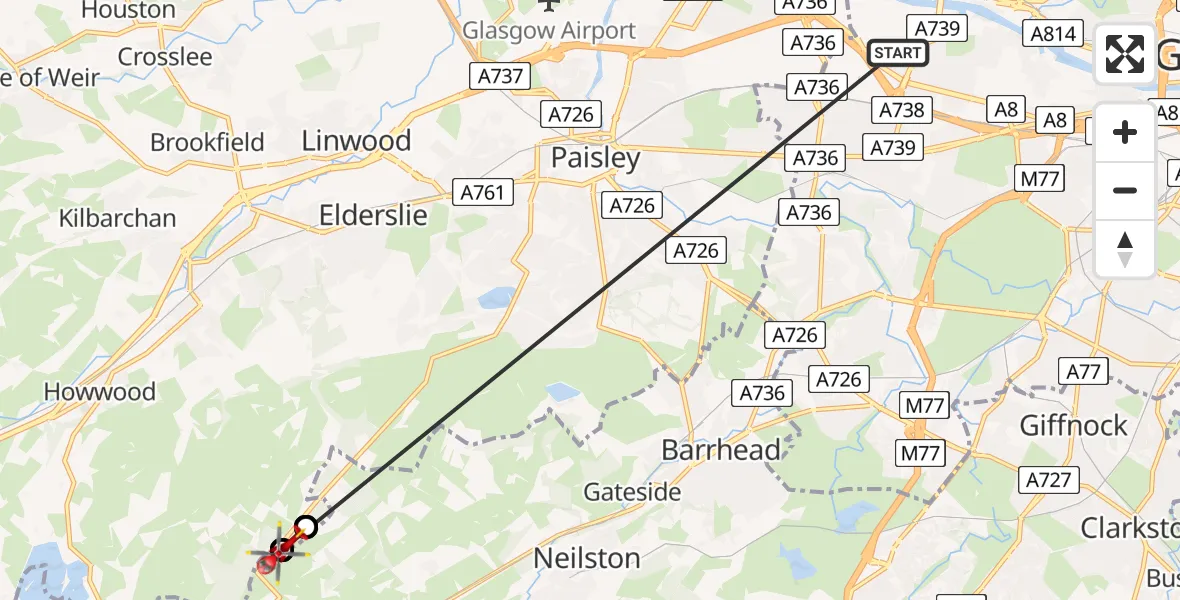 Flight path map showing Air Ambulance Helicopter route from Queen Elizabeth Hospital to Uplawmoor