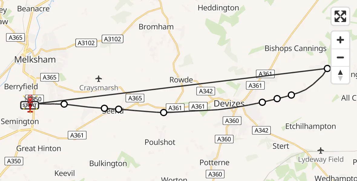 Flight path map showing Air Ambulance Helicopter route from Wiltshire Air Ambulance to Melksham