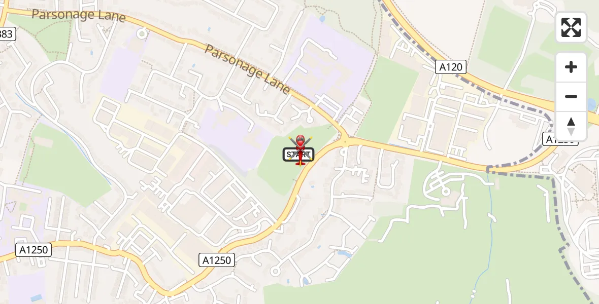 Flight path map showing Air Ambulance Helicopter route from Bishop's Stortford to Bishop's Stortford
