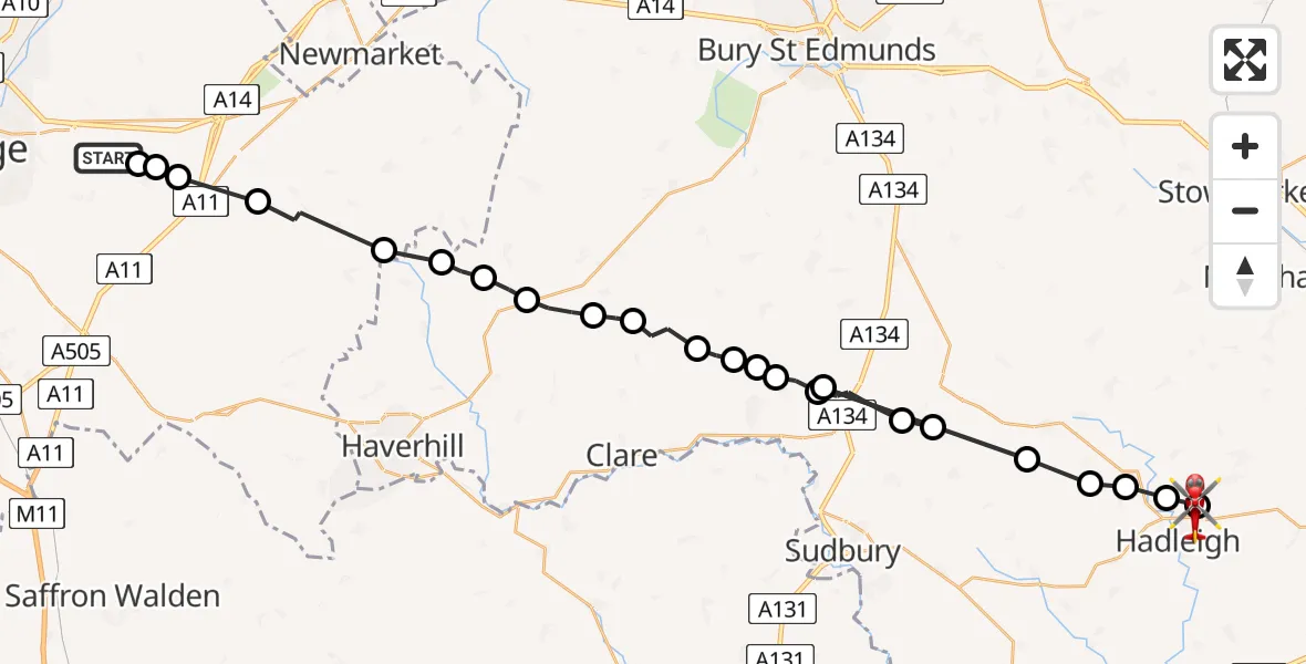 Flight path map showing Air Ambulance Helicopter route from South Cambridgeshire to Aldham