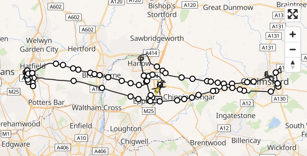 Flight path map showing Police Helicopter route from Epping to North Weald Airfield