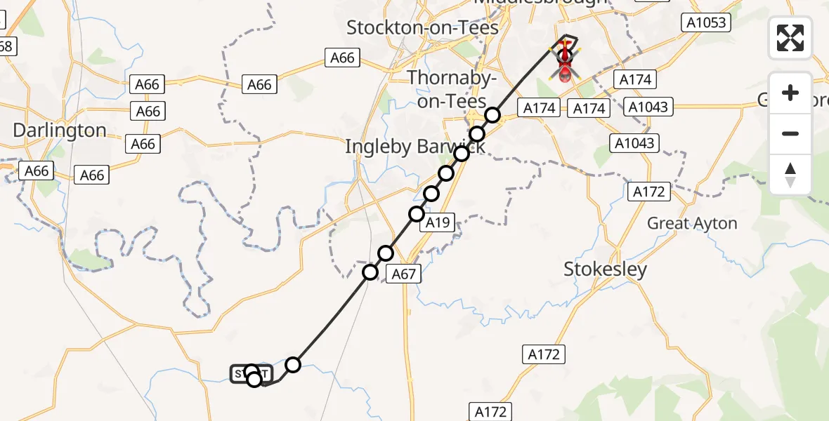 Flight path map showing Air Ambulance Helicopter route from Deighton to James Cook University Hospital