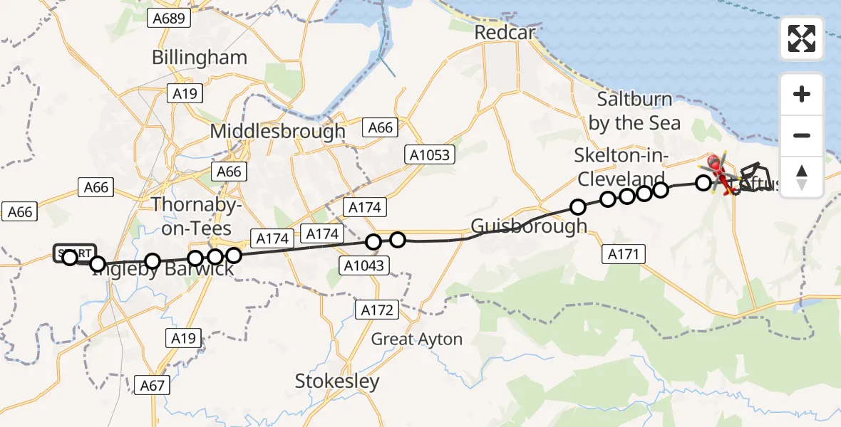 Flight path map showing Air Ambulance Helicopter route from Egglescliffe to Loftus