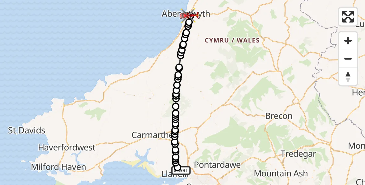 Flight path map showing Air Ambulance Helicopter route from Dafen to Aberystwyth