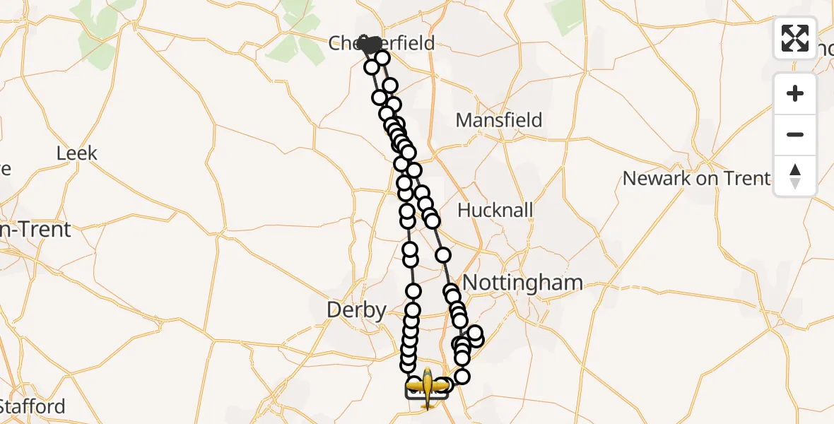 Flight path map showing Police Aircraft route from East Midlands Airport to East Midlands Airport