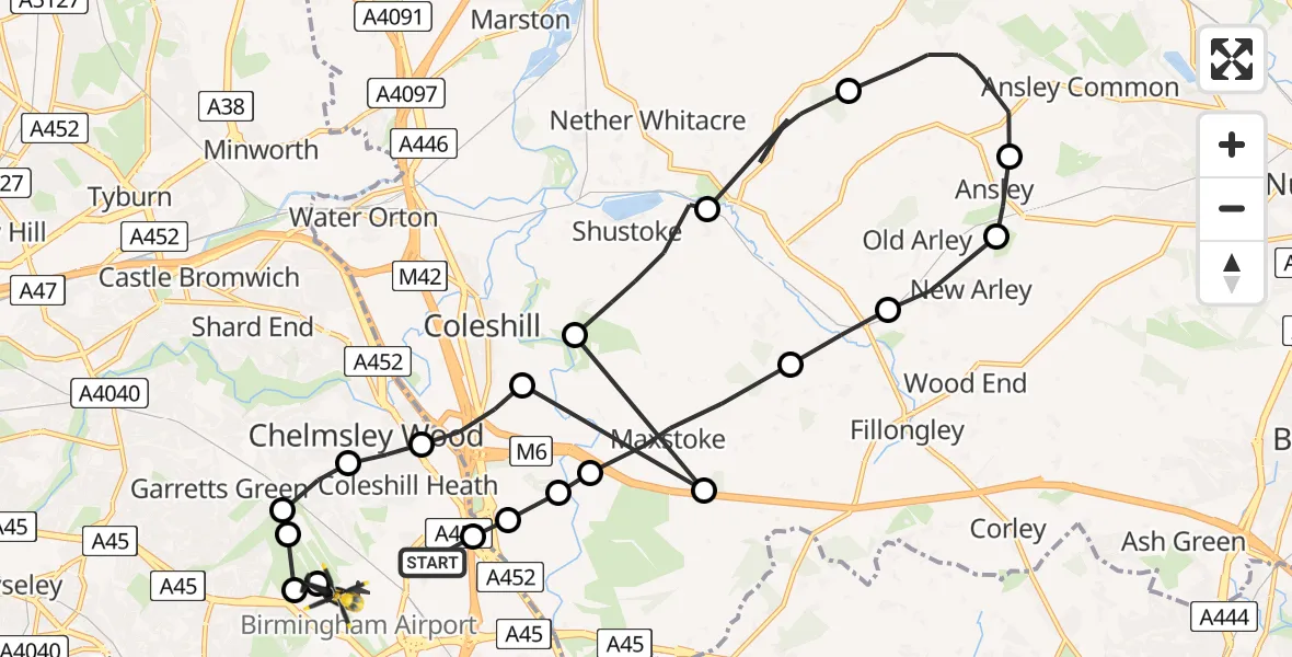 Flight path map showing Police Helicopter route from Solihull to Birmingham Airport