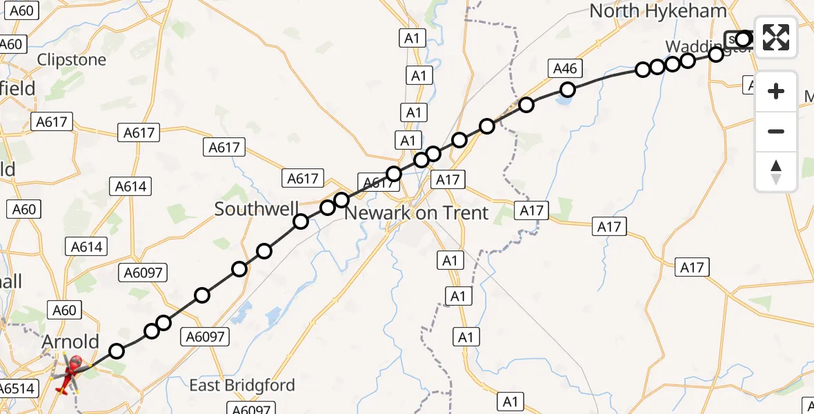 Flight path map showing Air Ambulance Helicopter route from RAF Waddington to Arnold