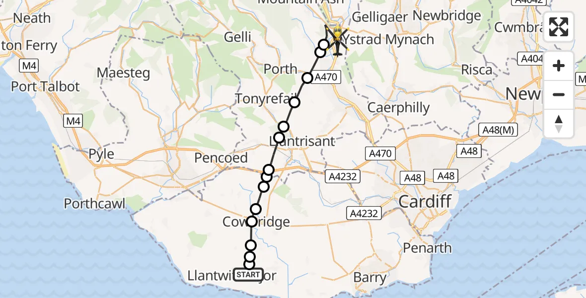 Flight path map showing Police Helicopter route from Boverton to Pontypridd