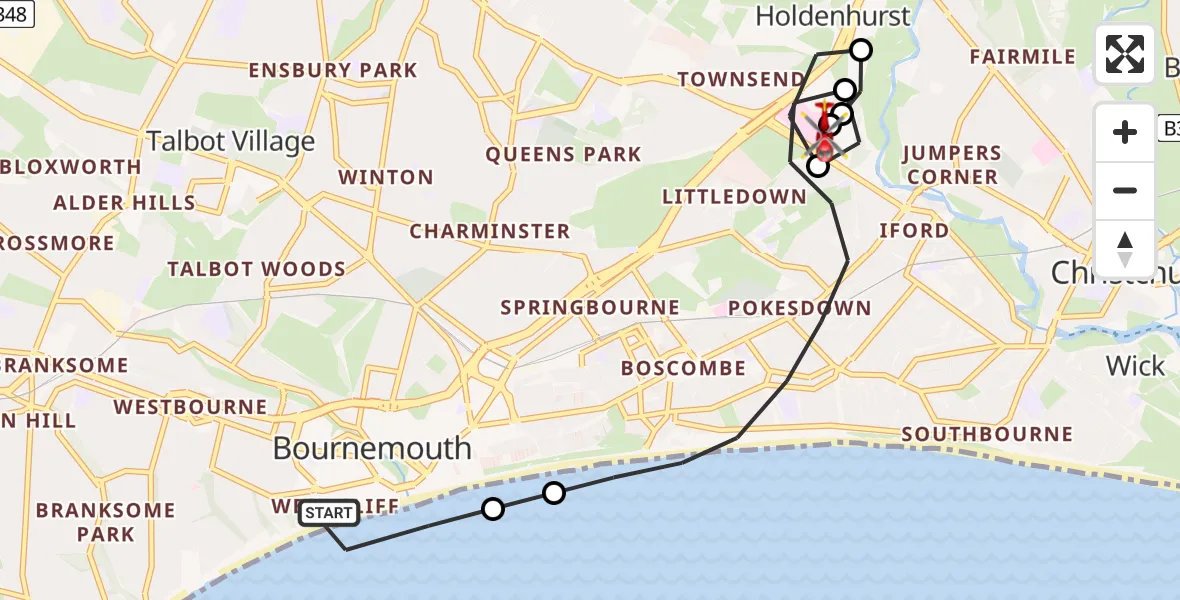 Flight path map showing Air Ambulance Helicopter route from Bournemouth to Royal Bournemouth Hospital