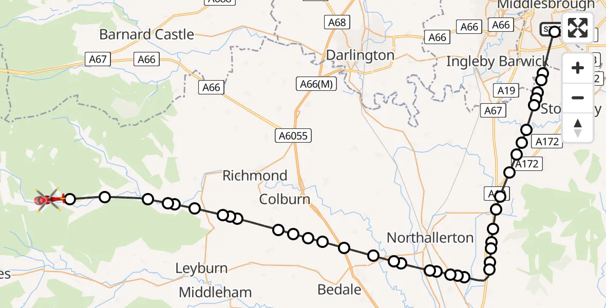 Flight path map showing Air Ambulance Helicopter route from James Cook University Hospital to Gunnerside