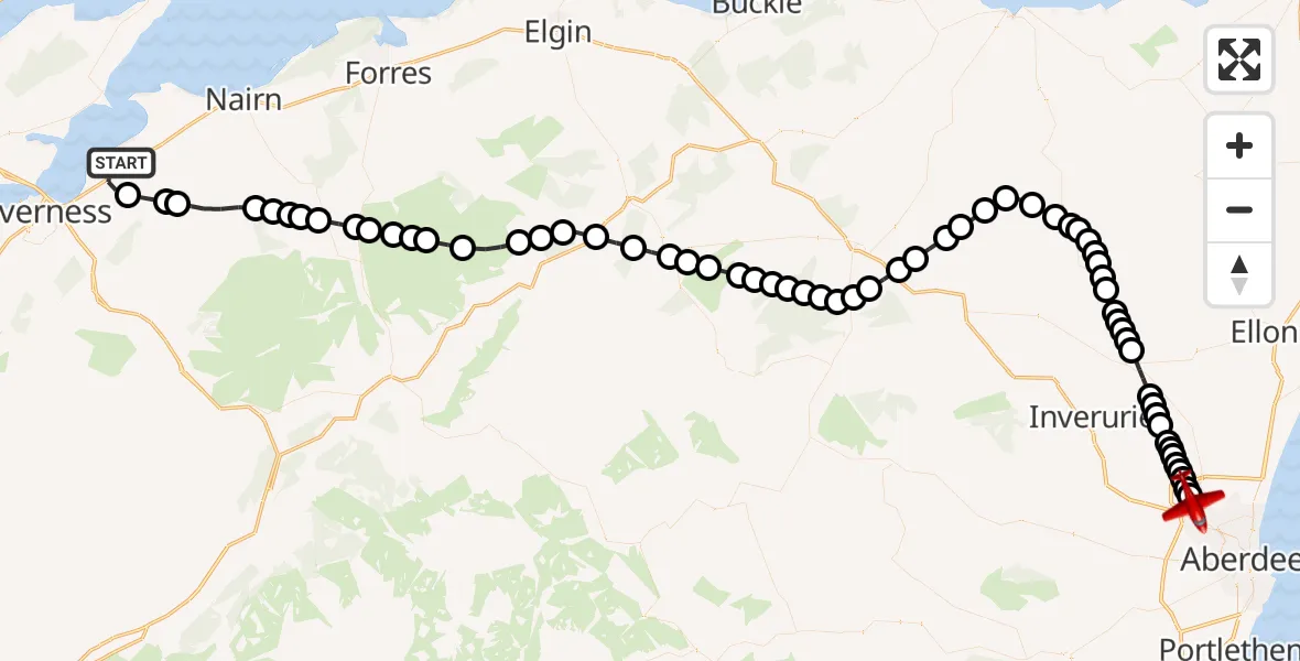 Flight path map showing Air Ambulance Aircraft route from Inverness to Aberdeen International Airport