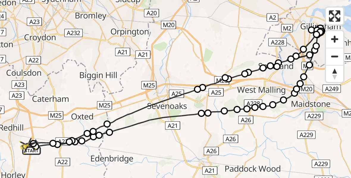Flight path map showing Police Helicopter route from Outwood to South Nutfield