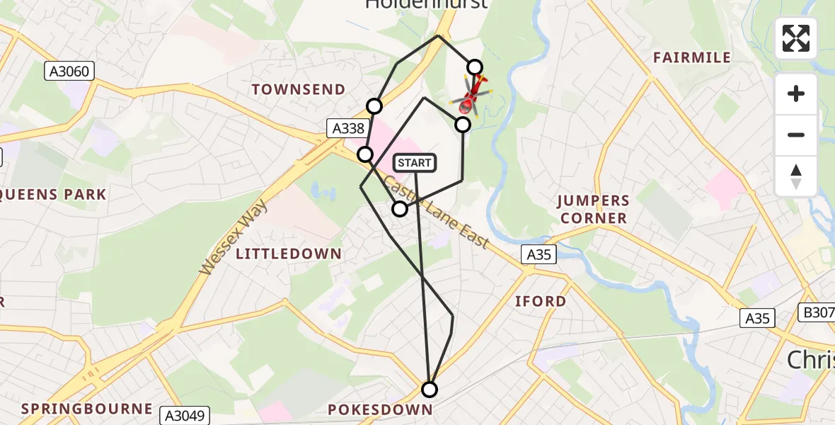 Flight path map showing Air Ambulance Helicopter route from Royal Bournemouth Hospital to Christchurch