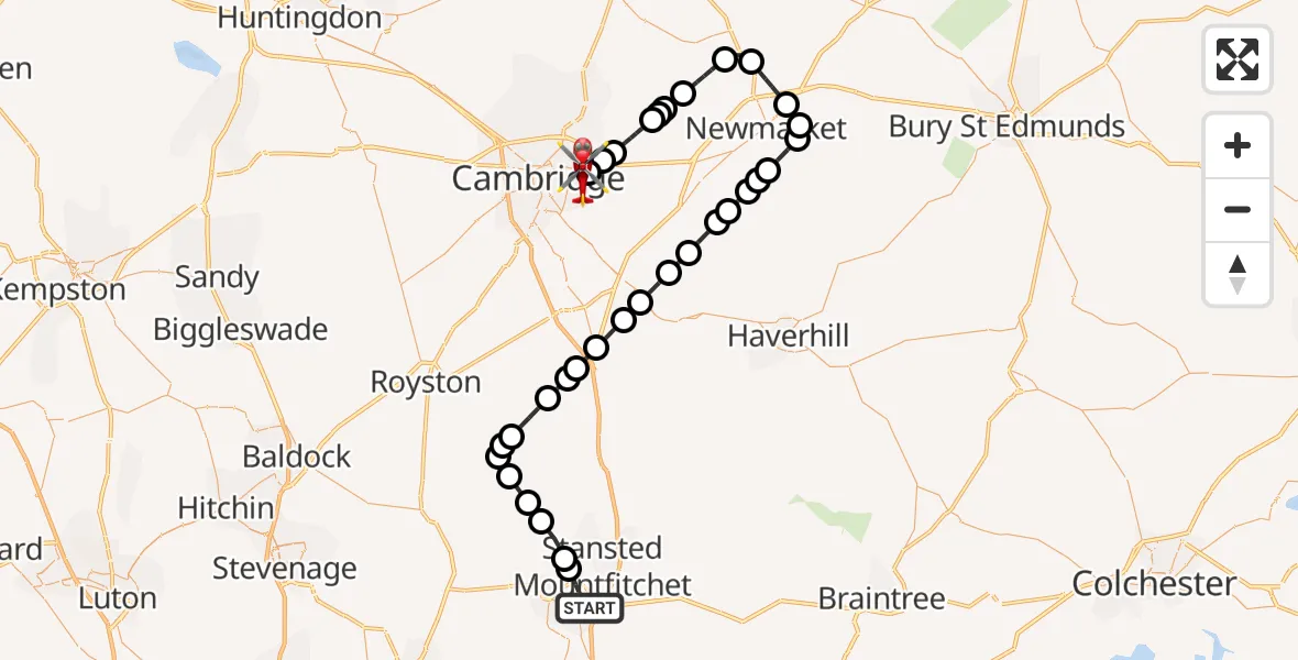 Flight path map showing Air Ambulance Helicopter route from Bishop's Stortford to Cambridge City Airport