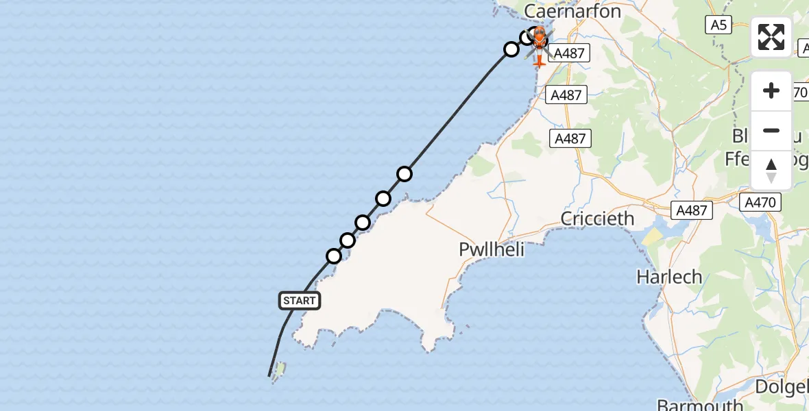 Flight path map showing Coastguard Helicopter route from  to Caernarfon Airport