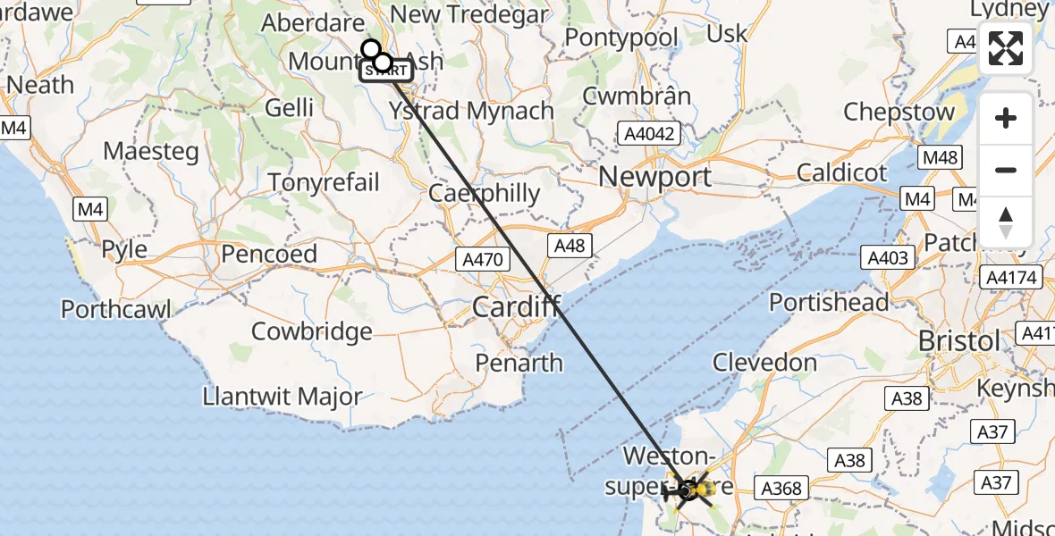 Flight path map showing Police Helicopter route from Mountain Ash East to Weston-super-Mare