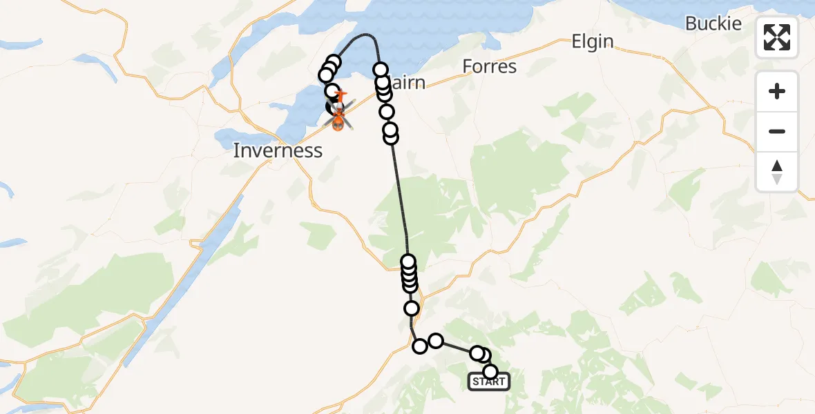 Flight path map showing Coastguard Helicopter route from Ciste Mhearad to Inverness Airport