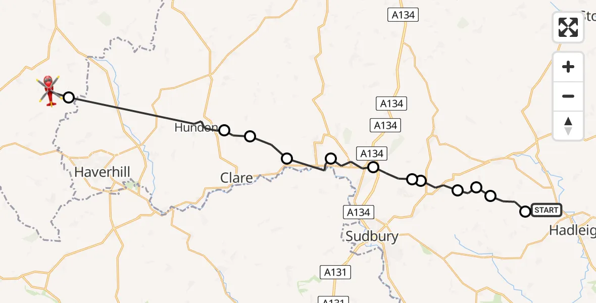 Flight path map showing Air Ambulance Helicopter route from Kersey to Weston Colville