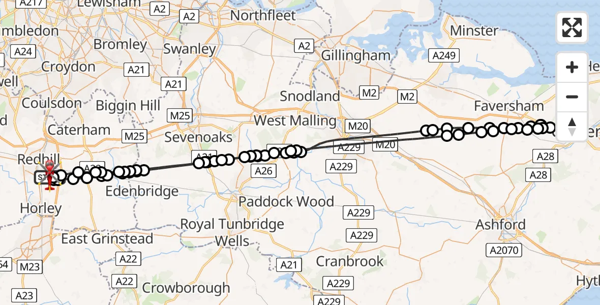 Flight path map showing Air Ambulance Helicopter route from Redhill Aerodrome to Redhill Aerodrome