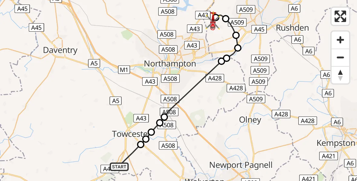 Flight path map showing Air Ambulance Helicopter route from Silverstone to Sywell Aerodrome