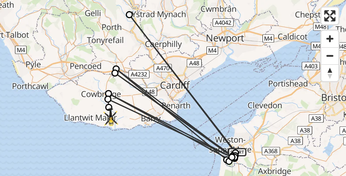 Flight path map showing Police Helicopter route from Weston-super-Mare to Flemingston