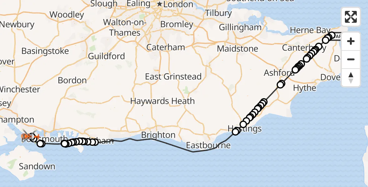 Flight path map showing Coastguard Helicopter route from Manston Airport to Solent Airport