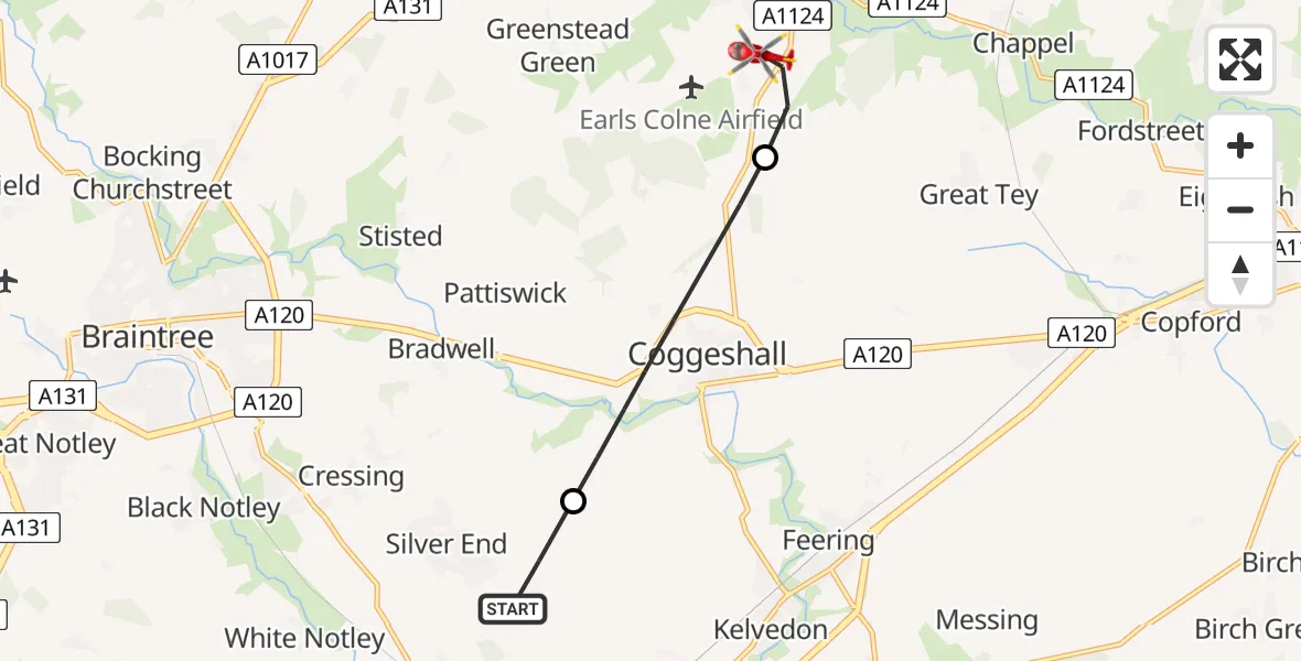 Flight path map showing Air Ambulance Helicopter route from Braintree to Braintree