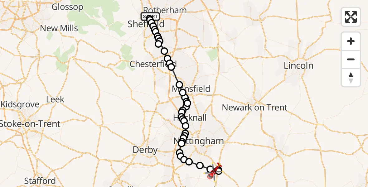 Flight path map showing Air Ambulance Helicopter route from Page Hall to Widmerpool