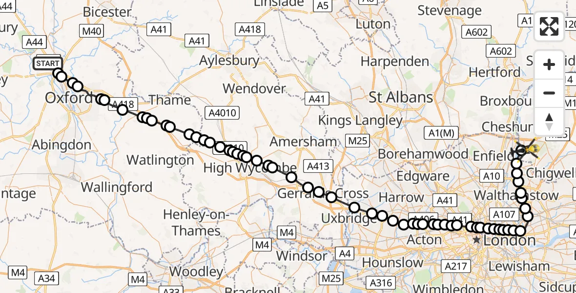 Flight path map showing Police Helicopter route from Yarnton to Sewardstonebury