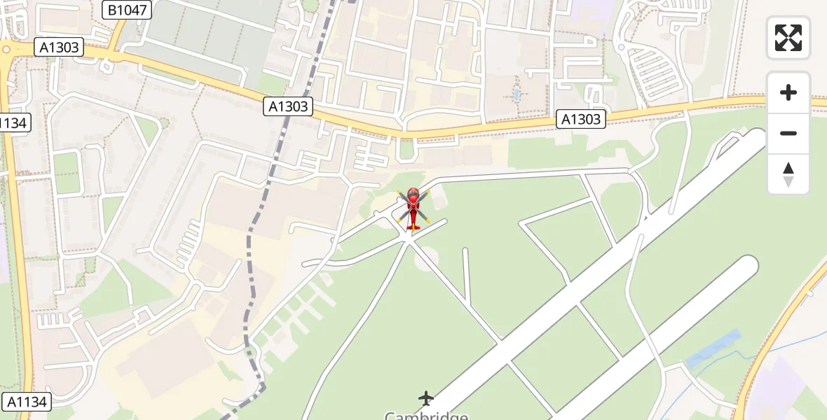 Flight path map showing Air Ambulance Helicopter route from Cambridge City Airport to Cambridge City Airport