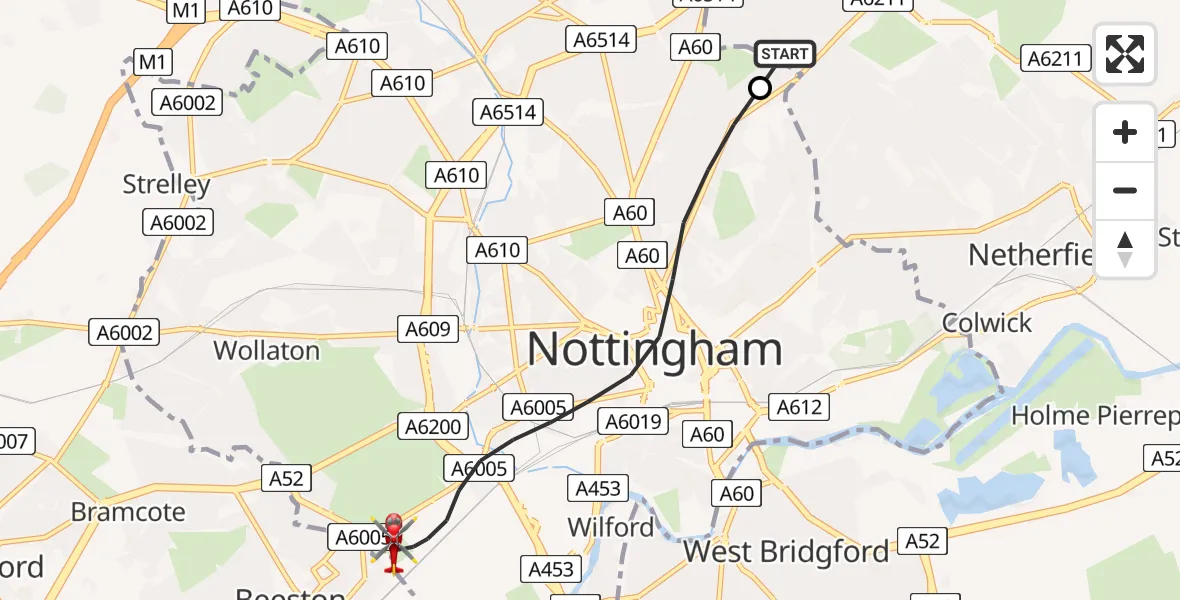 Flight path map showing Air Ambulance Helicopter route from Arnold to City of Nottingham