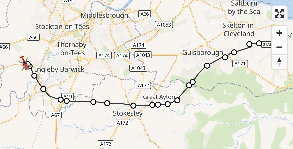 Flight path map showing Air Ambulance Helicopter route from Lingdale to Aislaby