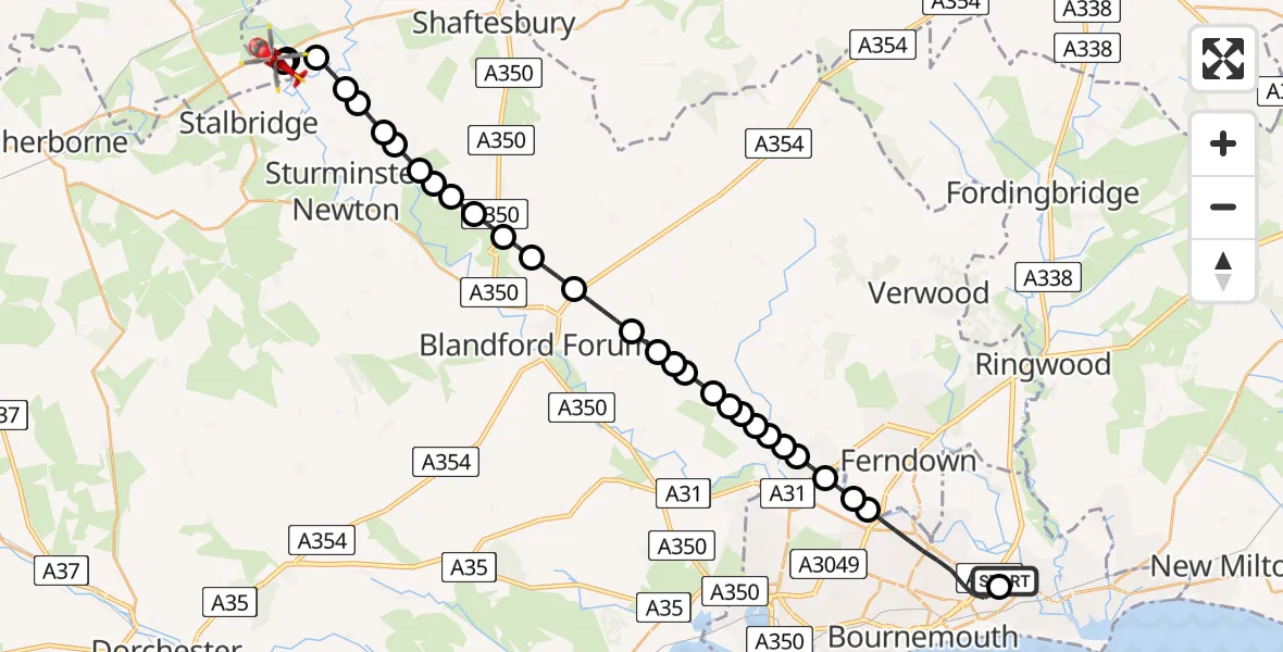 Flight path map showing Air Ambulance Helicopter route from Royal Bournemouth Hospital to Henstridge Airfield