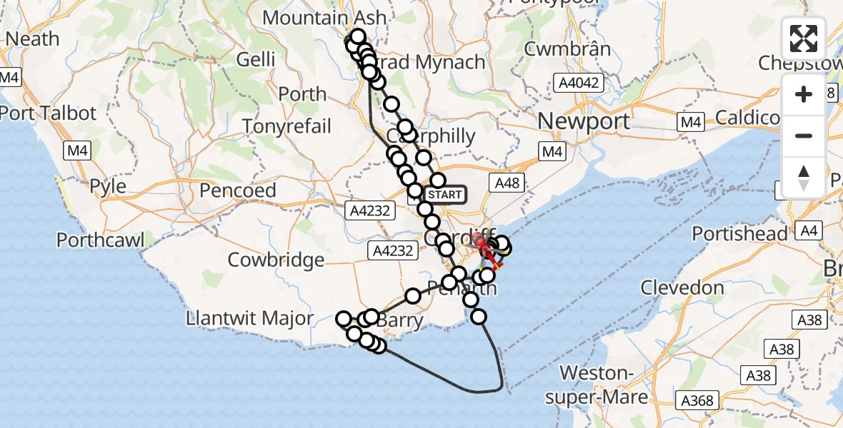 Flight path map showing Air Ambulance Helicopter route from Llanishen to Cardiff Heliport
