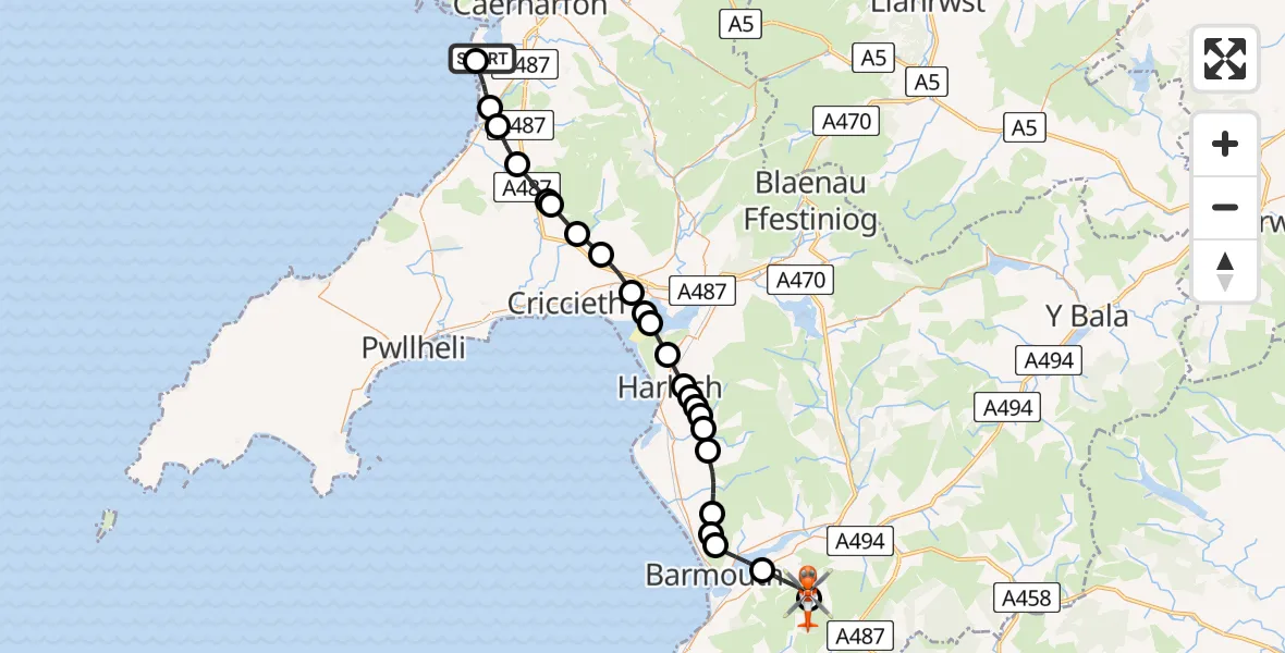 Flight path map showing Coastguard Helicopter route from Caernarfon Airport to Llanfihangel-y-Pennant