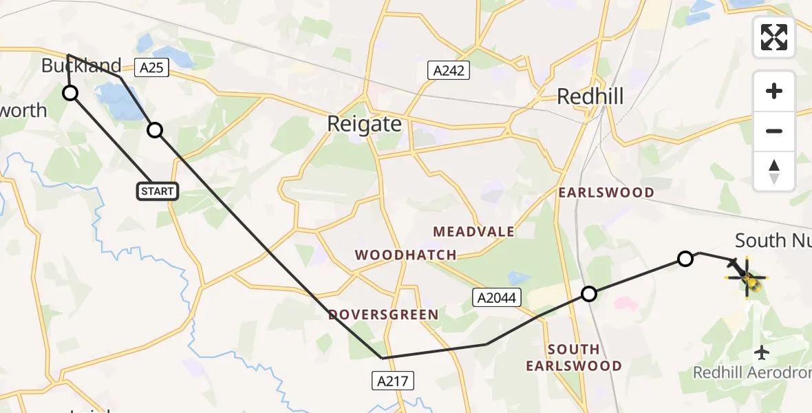 Flight path map showing Police Helicopter route from Reigate to South Nutfield
