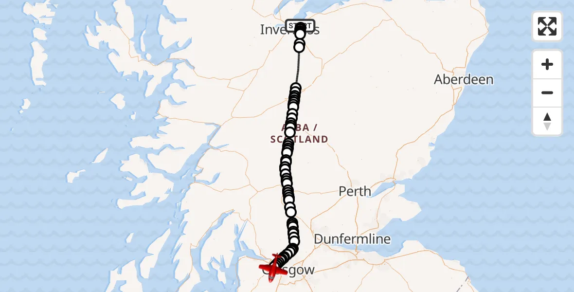 Flight path map showing Air Ambulance Aircraft route from Inverness to Glasgow Airport