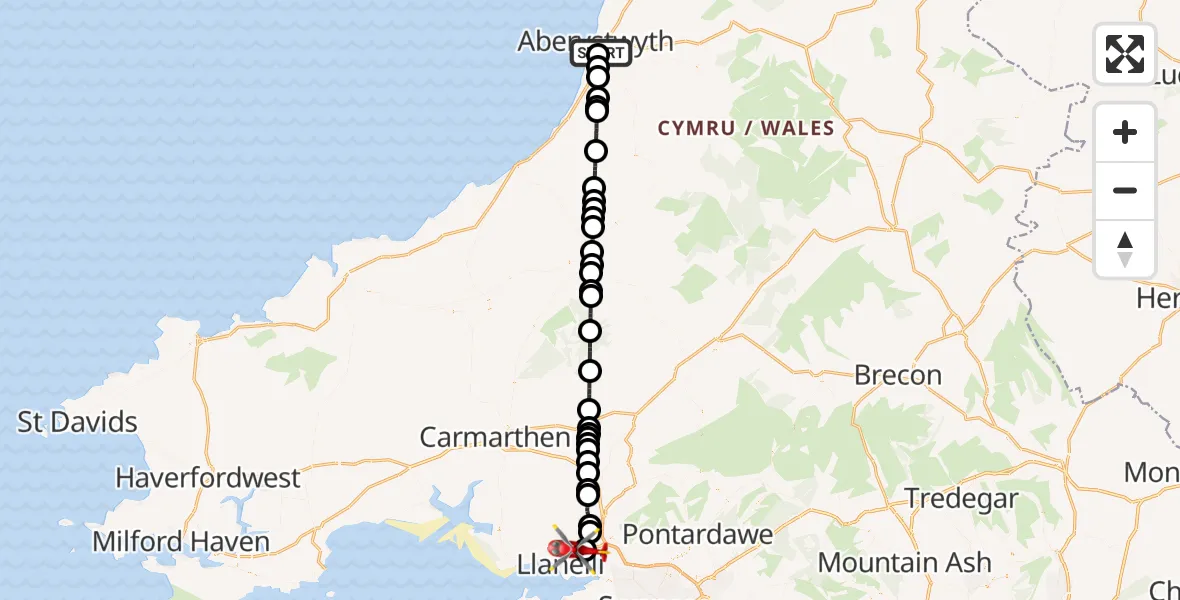 Flight path map showing Air Ambulance Helicopter route from Penparcau to Dafen